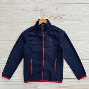 Polo Ralph Lauren Boys Size M (10-12) Full Zip Fleece Jacket Navy Red Trim